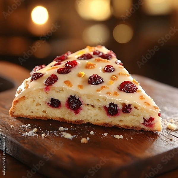 Fototapeta Cranberry Delight: A single, delectable slice of a cranberry scone sits on a wooden cutting board, drizzled with a sweet glaze and bursting with vibrant red cranberries, inviting indulgence.
