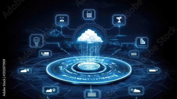 Fototapeta Cloud computing platform integrating data and digital services in futuristic technology background