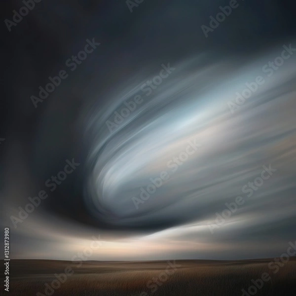 Obraz Powerful tornado funnel cloud in motion over open prairie, illuminated by soft twilight glow, dark moody tones, sharp cloud textures, and wide-angle perspective emphasizing natural force.