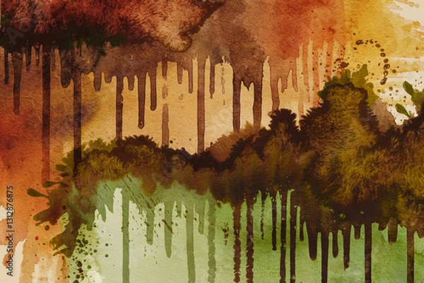 Fototapeta Abstract watercolor artwork featuring blending earthy tones and drips creating a textured landscape