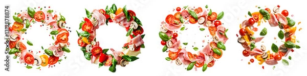 Obraz Delicious Italian Food Ingredients Flying in Circle - Fresh Tomatoes, Basil, Mozzarella, and Prosciutto - Isolated on Transparent Background