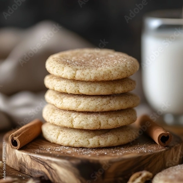 Fototapeta Stack of Snickerdoodles with milk: A tempting stack of fresh snickerdoodle cookies dusted with cinnamon, next to a glass of milk, inviting the viewer to indulge in this delicious treats.