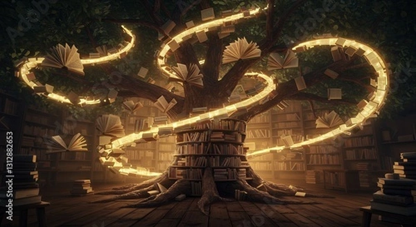 Obraz Magical Book Tree with Flying Pages in a Library Setting