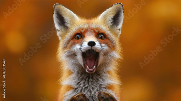 Fototapeta A hilarious fox caught in a moment of surprise, mouth agape and paws on its head, showcasing pure animal emotion.