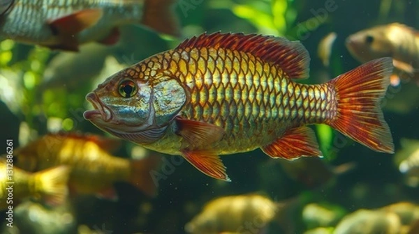 Obraz Close-up view of tilapia swimming in circles, vibrant red scales shimmering, highlighting the intensity of fish activity in a farm pond