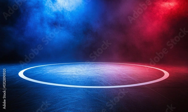 Fototapeta mock up ring place with red and blue lights and smoke