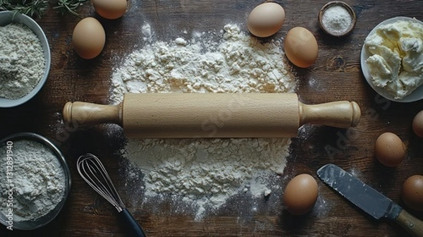 Fototapeta Rustic baking scene flour, eggs, rolling pin, butter