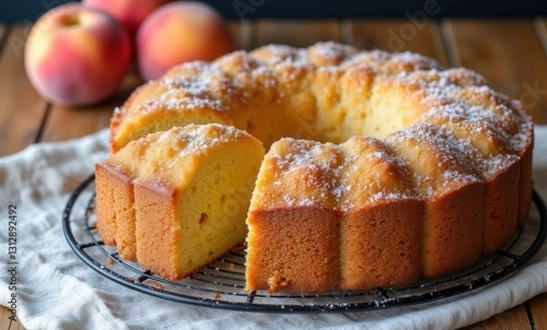 Fototapeta Delicious peach cake slice on display