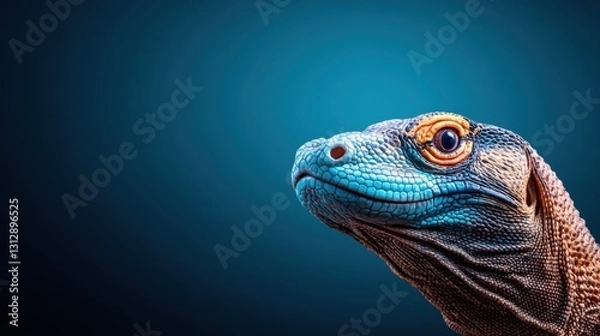 Fototapeta Close-Up Portrait of an Exotic Lizard with Vibrant Blue and Orange Colors on a Dark Background