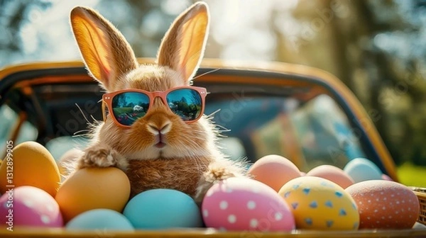 Fototapeta Cute vintage Easter rabbit sitting in a car looking out with sunglasses surrounded by colorful Easter eggs for a funny spring celebration.
