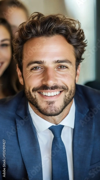 Obraz Professional businessman smiling confidently, wearing tailored suit and tie, embodying corporate success and leadership