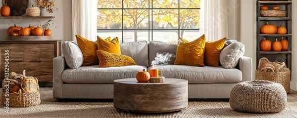 Fototapeta Beautiful bright apartment background featuring a comfortable cosy living room with a soft carpet showcasing autumn colours that enhance the sense of comfort and warmth.