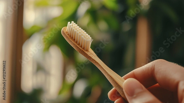 Fototapeta A hand holds a bamboo toothbrush in front of a softly blurred natural background, promoting eco-friendly habits, zero-waste lifestyles, and sustainable alternatives in daily hygiene routines.
