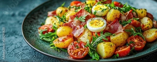 Fototapeta Rustic Mediterranean eatery features a top portion of healthy courgette and arugula salad with ham beautifully presented for a delightful view of fresh ingredients