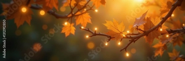 Obraz Golden leaves, warm-toned fairy lights strung on branches , fall, photography