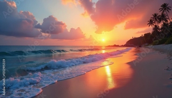 Obraz Sunset over tranquil bay, soft waves caress sand, paradise, tranquil