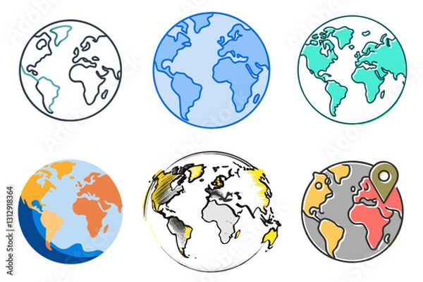 Fototapeta Globe and world map icon set in various styles.