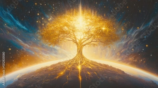 Fototapeta Radiant Tree of Life Surrounded by Cosmic Energies Illuminating a Vibrant Planet in a Mystical Universe