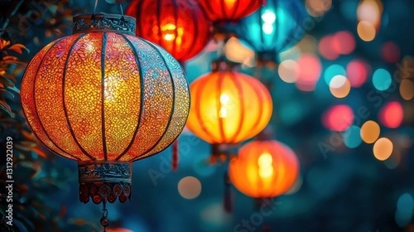 Obraz Vibrant generative AI hanging lanterns celebrate light and decoration in Asia, showcasing the beauty of Chinese lamp designs for festive occasions.