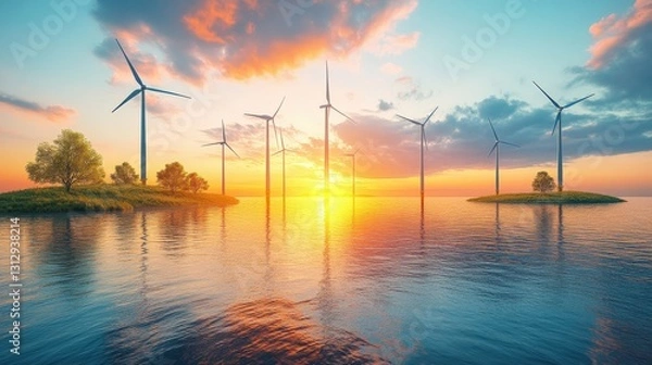 Obraz Serene sunset over a tranquil lake with wind turbines and lush greenery in the background