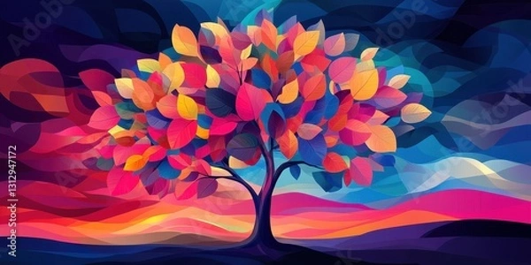 Fototapeta Colorful tree with vibrant leaves over a layered background