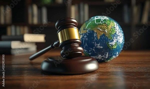 Obraz Gavel and Earth Globe on Wooden Table in Library Setting