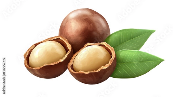 Fototapeta Macadamia nuts with cracked shells and fresh green leaves, isolated on transparent white background. 