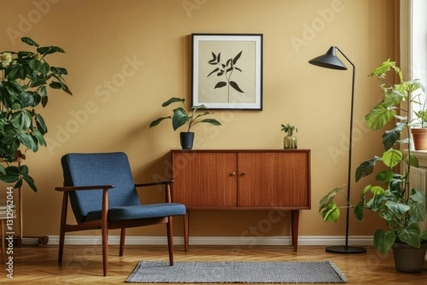 Fototapeta Mid-century armchair, plants, wooden cabinet, mustard wall, apartment interior design