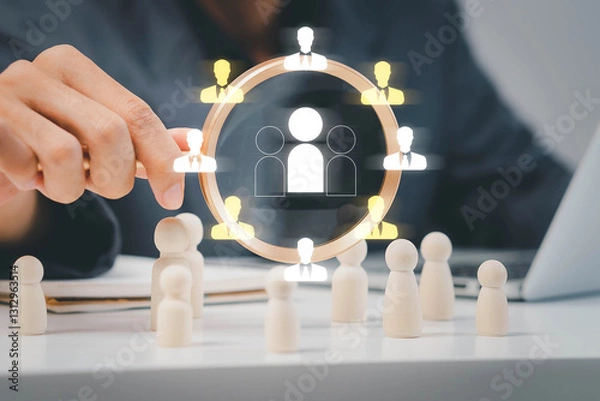 Fototapeta Businessman use magnifying glass to find human icon for business CRM or Customer Relation Management and customer focus target group concept, social media. Digital marketing online. HRM, human manage.