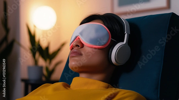 Fototapeta Woman Relaxing During Psychedelic Ketamine Therapy Session at  in a Cozy Setting