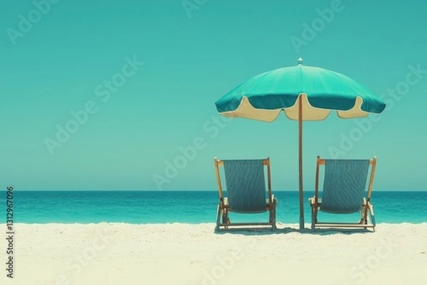 Fototapeta A Tranquil Beach Scene Featuring Two Beach Chairs Under a Turquoise Umbrella Overlooking a Serene Ocean and Sandy Shoreline Bathed in Bright Sunshine