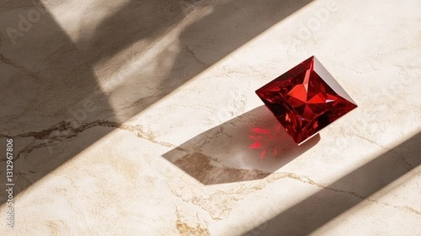 Obraz A stunning radiant-cut ruby positioned on a smooth white stone background.