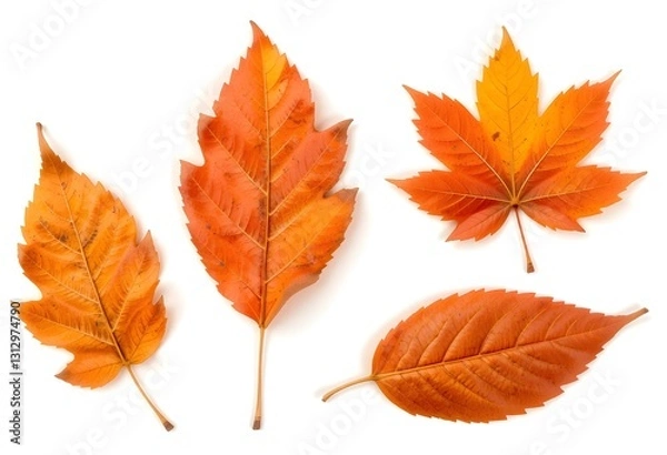 Fototapeta Set of 4 colorful autumn leaves in different shapes and shades of orange, red, and yellow. Creates a warm and cozy seasonal vibe.