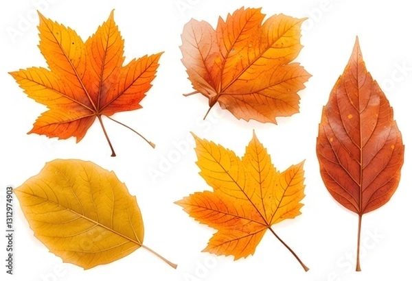 Fototapeta Set of colorful autumn leaves in different shapes and shades of orange, red, and yellow. Creates a warm and cozy seasonal vibe.