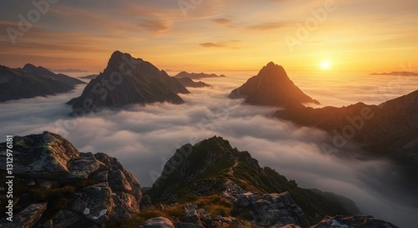 Fototapeta Majestic Sunrise Over Mountain Peaks and Cloudscape