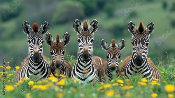 Fototapeta A group of five zebras standing in a field of yellow flowers, showcasing their striking black and white stripes.