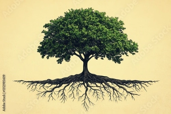Fototapeta Detailed illustration showing a large tree with spreading roots and leaves