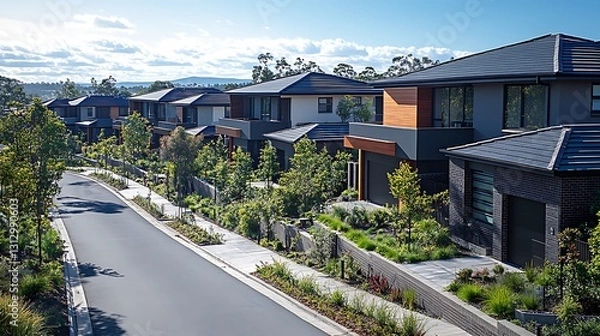 Obraz Modern Suburban Houses with Lush Landscaping on a Sunny Day