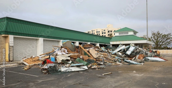 Fototapeta Debris from Hurricane Ian, Helene and Milton litter the outside of a building.