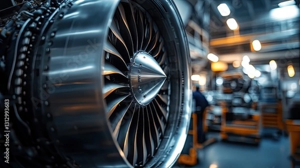 Fototapeta Detailed Close-up of a Modern Jet Engine Turbine in Workshop Setting