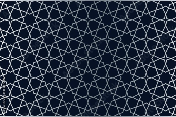 Fototapeta Intricate silver star patterns dance across a deep navy backdrop, creating a mesmerising visual tapestry.