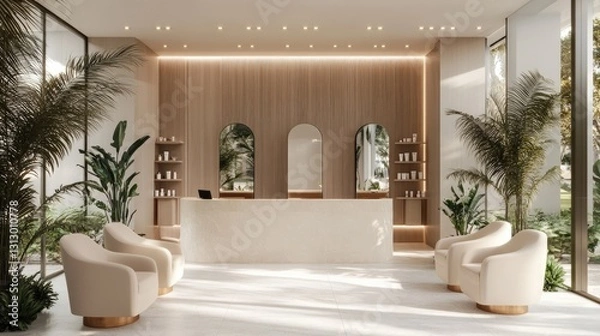 Fototapeta A modern beauty salon reception desk with a luxurious waiting area and elegant decor.