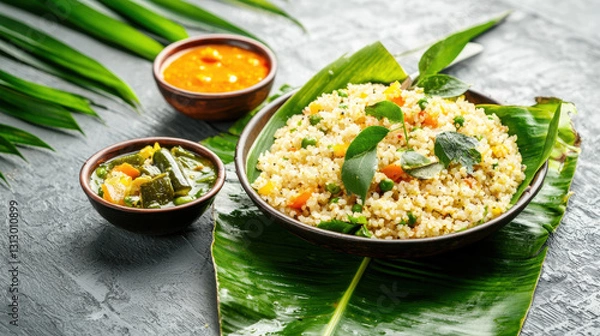 Fototapeta Freshly Cooked Sajja Upma Served in a Banana Leaf with Pickles and Chutney, Traditional Indian Presentation
