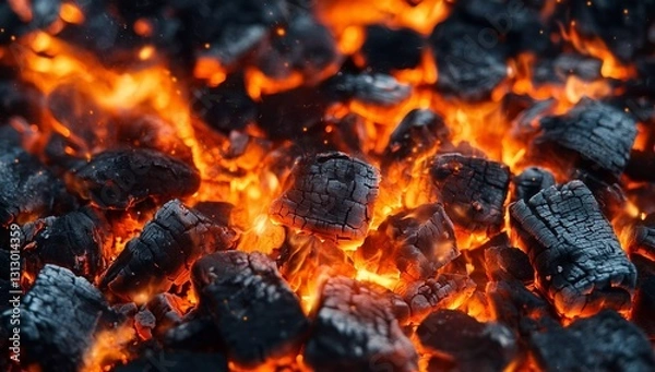 Fototapeta Bright embers glowing among darkened charcoal in a campfire setting at night