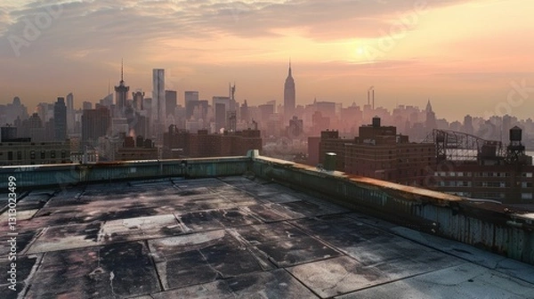 Fototapeta Sunset view from a rooftop overlooking a vibrant city skyline with skyscrapers and a hazy atmosphere