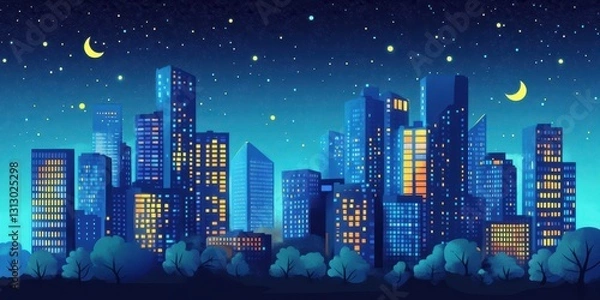 Fototapeta A vibrant cartoon illustration of a city under a starry night