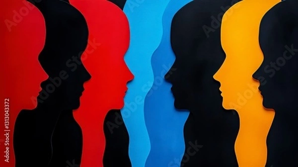 Fototapeta Colorful abstract silhouettes of diverse faces in profile view, showcasing unity and diversity among human identities