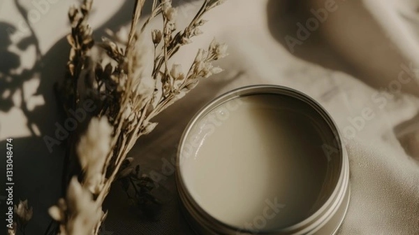 Obraz Vegan Lip Balm Poured in Aluminum Tin on Neutral Backdrop