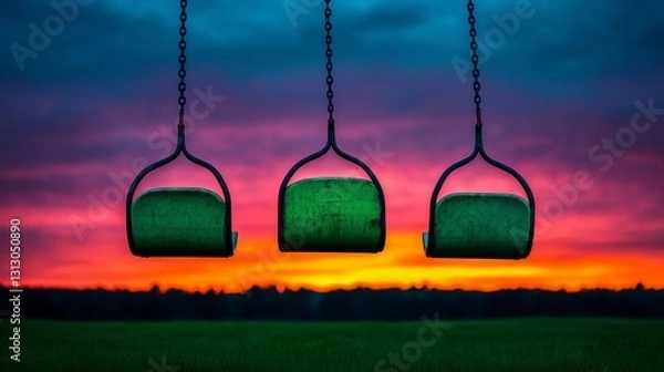 Fototapeta Three empty swings hanging in a peaceful field during a vibrant sunset with colorful clouds and a serene atmosphere.