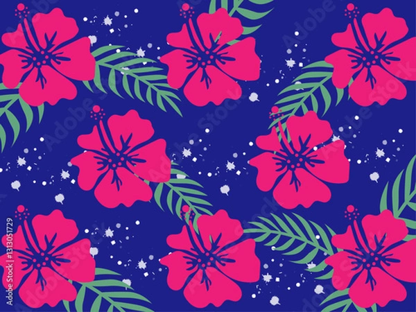 Obraz ハイビスカスとアレカヤシの葉の南国壁紙背景